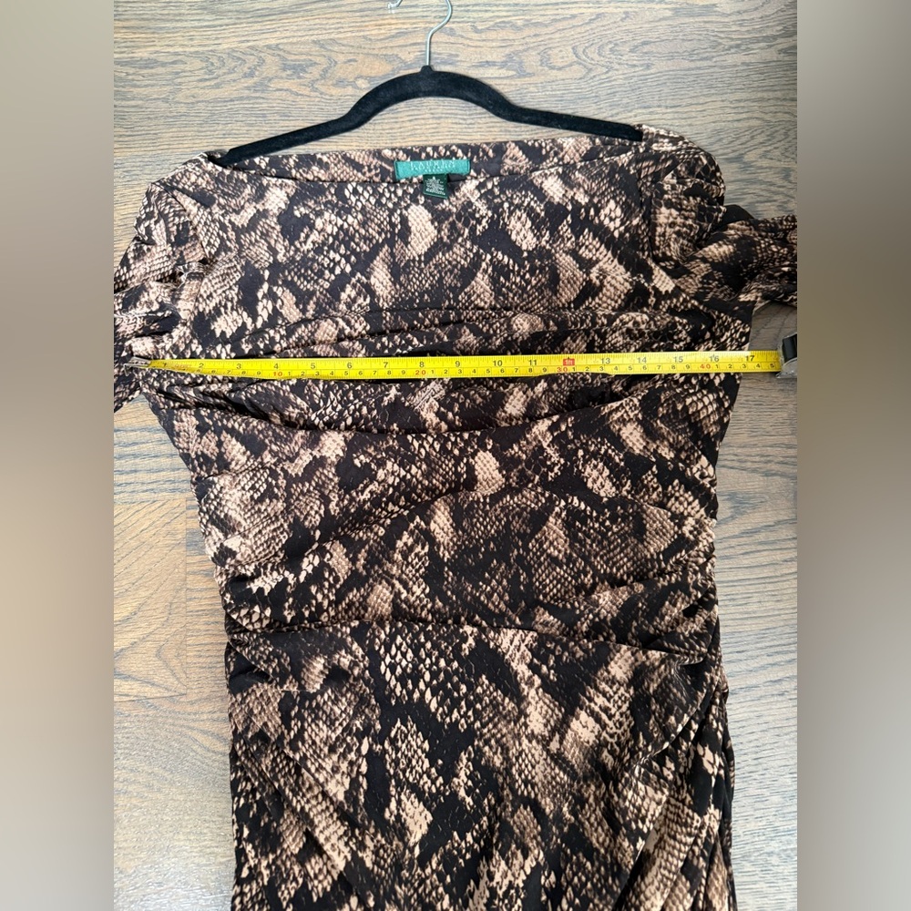 Ralph Lauren Brown and Black Snake Print Sheath Dress with side ruching. Size 8. - Picture 5 of 6
